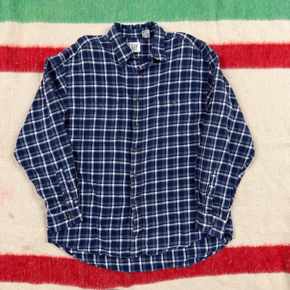 Vintage 90s GAP Cotton Flannel Plaid Shirt Navy Blue White Large Mens LongSleeve